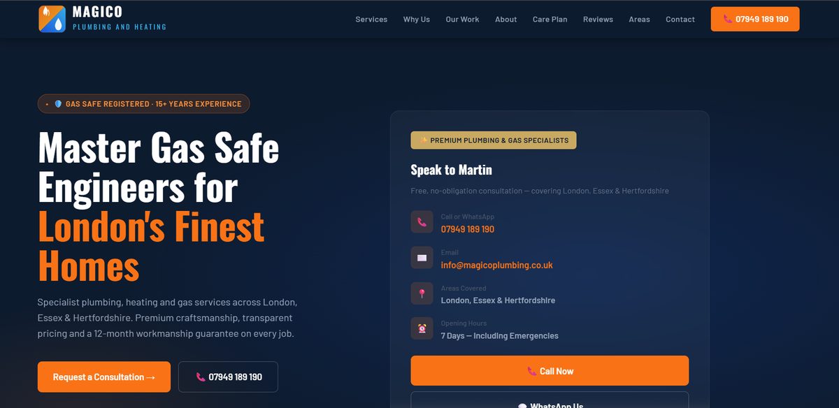Homepage of the Magico Plumbing And Heating website built by Kaldwell Agency, showing the Gas Safe registered headline and enquiry panel